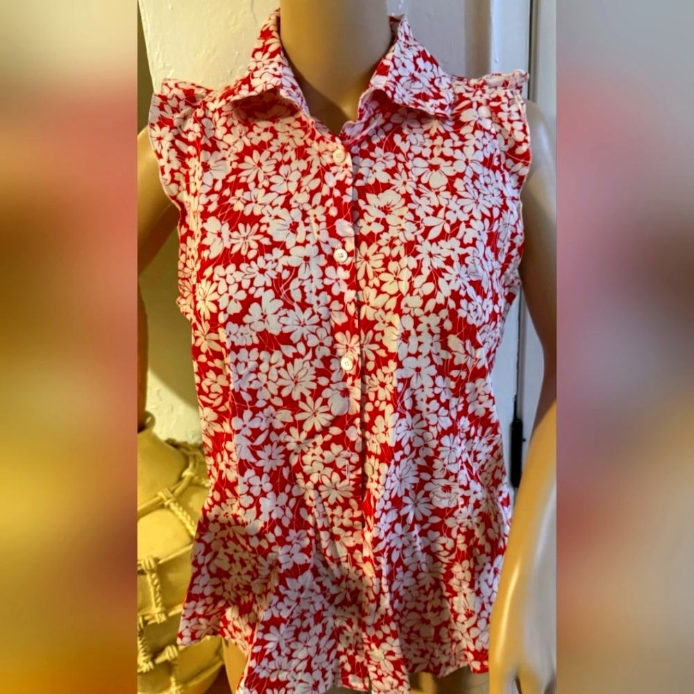 Burberry Red and White Ruffled Peplum Blouse